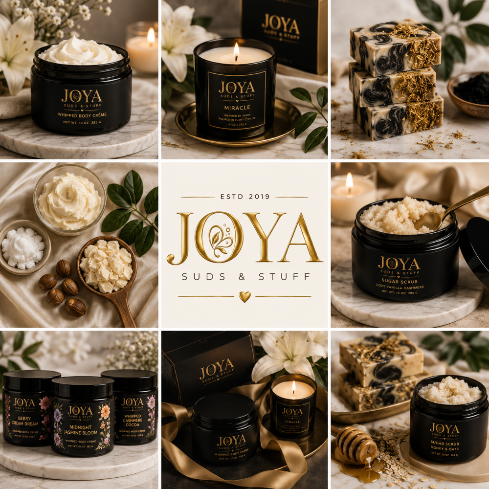 A 3x3 collage showcasing products from JOYA SUDS & STUFF, including scented candles, body butters, and marbled soaps, styled with warm lighting, white flowers, and wooden props around a central cream-colored brand logo card.